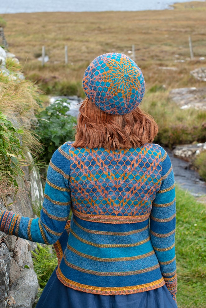 Damselfly Hat Set and cardigan designs by Alice Starmore in pure wool Hebridean 2 Ply hand knitting yarn