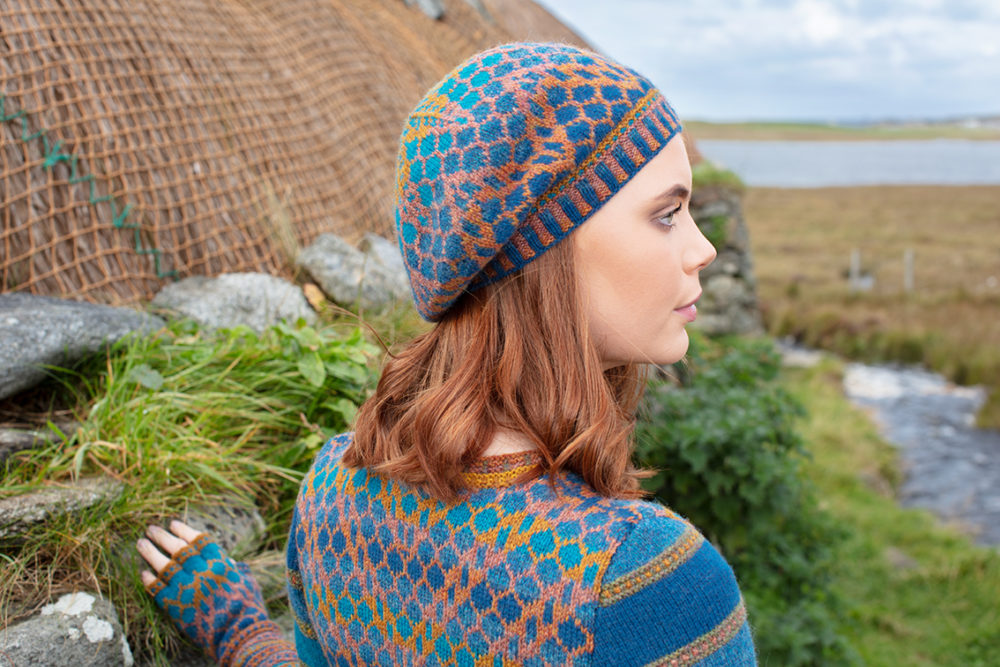 Damselfly Hat Set and cardigan designs by Alice Starmore in pure wool Hebridean 2 Ply hand knitting yarn