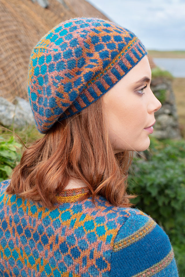 Damselfly Hat Set and cardigan designs by Alice Starmore in pure wool Hebridean 2 Ply hand knitting yarn