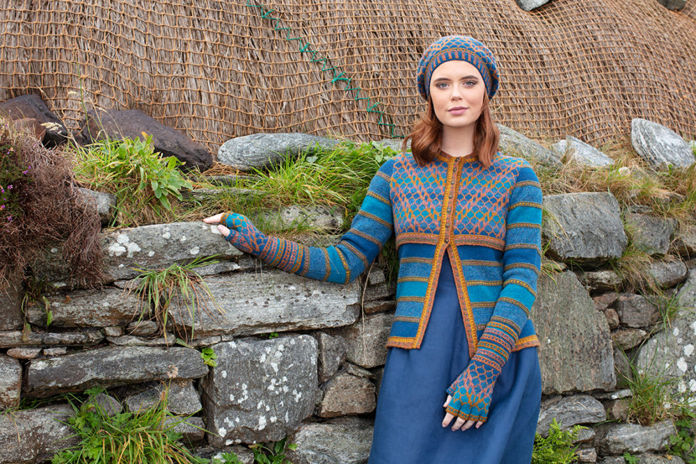 Damselfly Hat Set and cardigan designs by Alice Starmore in pure wool Hebridean 2 Ply hand knitting yarn