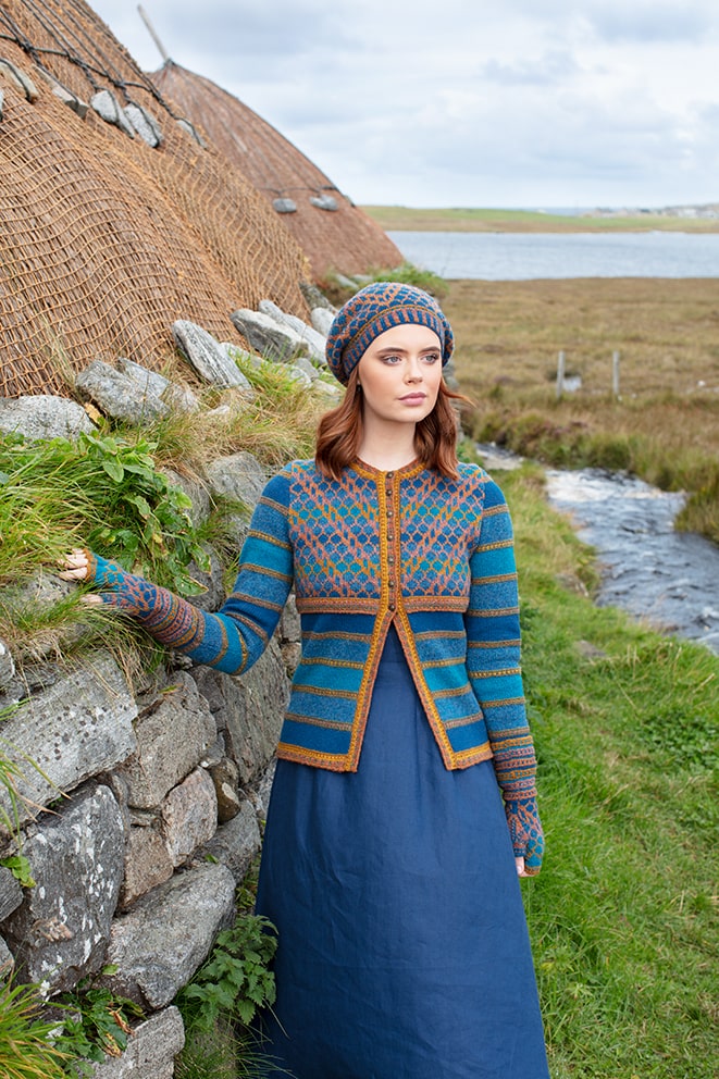 Damselfly Hat Set and cardigan designs by Alice Starmore in pure wool Hebridean 2 Ply hand knitting yarn Damselfly Hat Set and cardigan designs by Alice Starmore in pure wool Hebridean 2 Ply hand knitting yarn