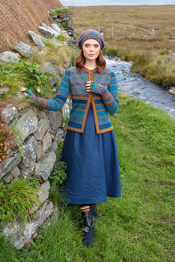 Damselfly Hat Set and cardigan designs by Alice Starmore in pure wool Hebridean 2 Ply hand knitting yarn