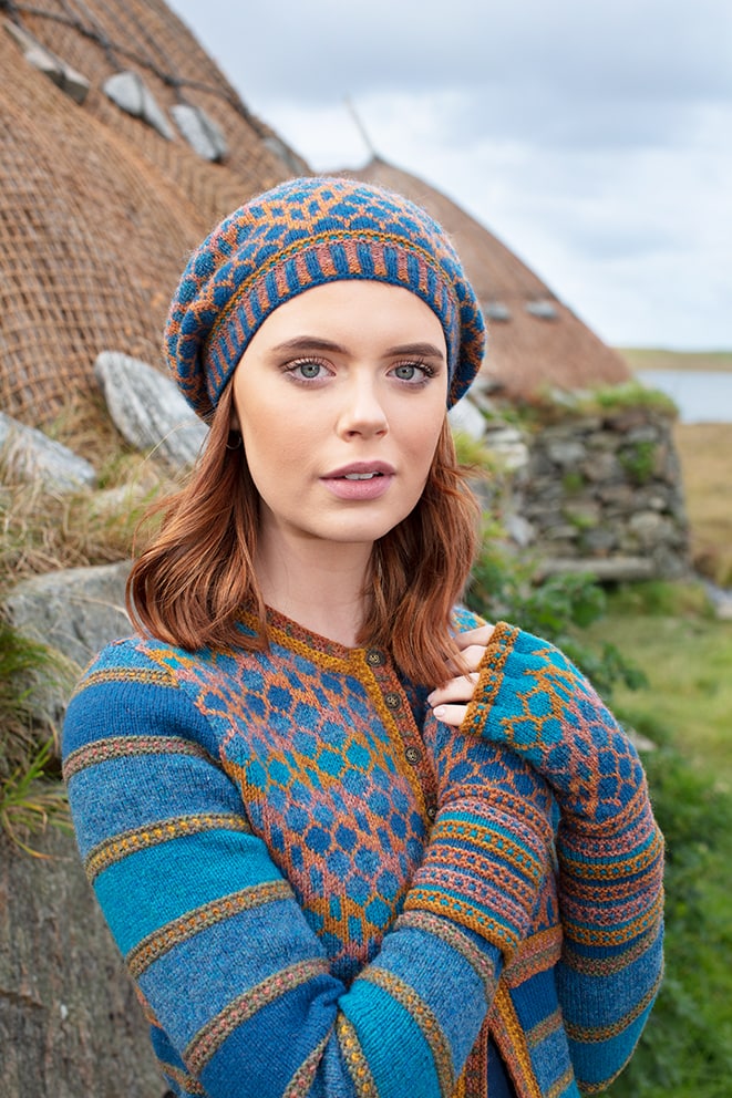 Damselfly Hat Set and cardigan designs by Alice Starmore in pure wool Hebridean 2 Ply hand knitting yarn