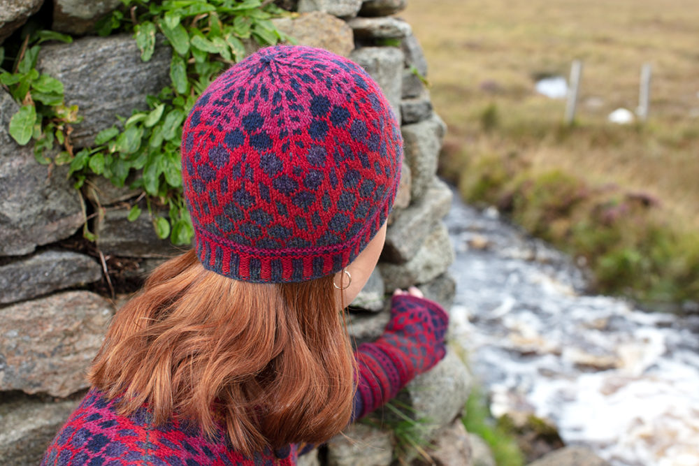 Damselfly Hat Set and cardigan designs by Alice Starmore in pure wool Hebridean 2 Ply hand knitting yarn