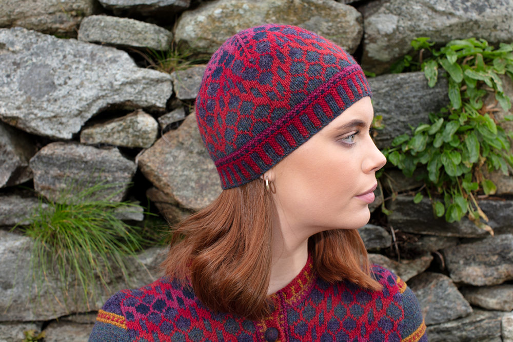 Damselfly Hat Set and cardigan designs by Alice Starmore in pure wool Hebridean 2 Ply hand knitting yarn