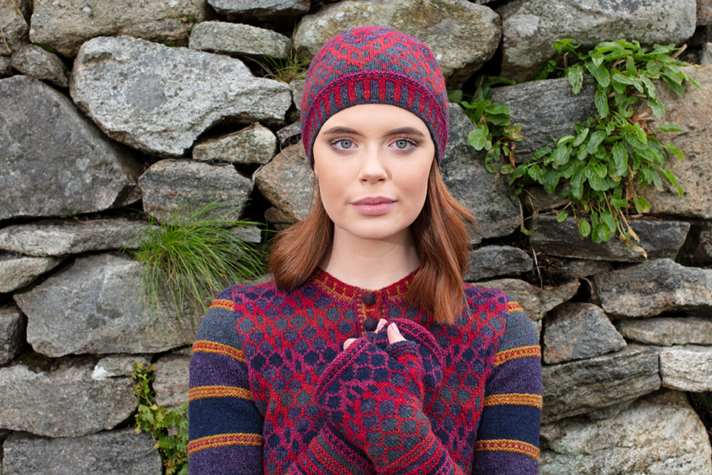 Damselfly Hat Set and cardigan designs by Alice Starmore in pure wool Hebridean 2 Ply hand knitting yarn