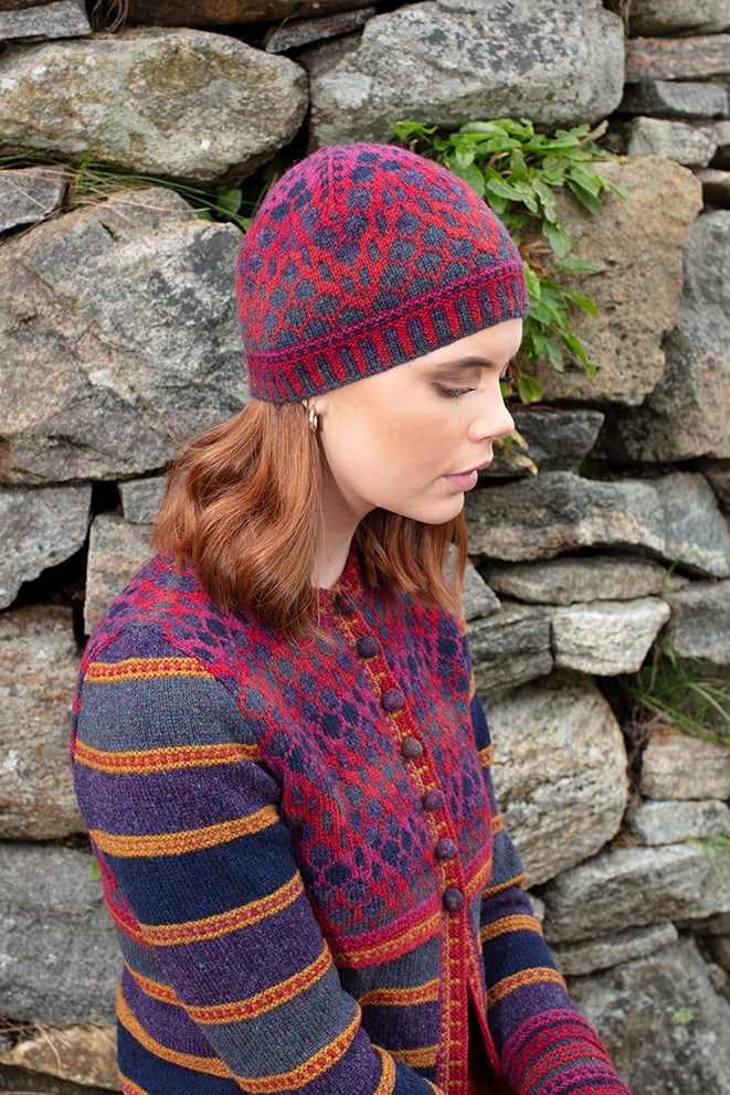 Damselfly Hat Set and cardigan designs by Alice Starmore in pure wool Hebridean 2 Ply hand knitting yarn