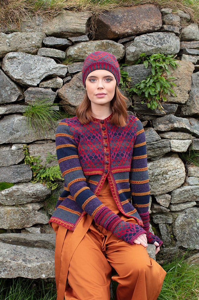 Damselfly Hat Set and cardigan designs by Alice Starmore in pure wool Hebridean 2 Ply hand knitting yarn