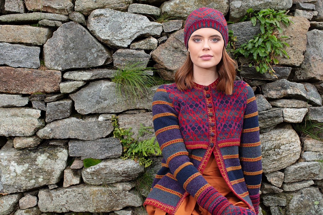 Damselfly Hat Set and cardigan designs by Alice Starmore in pure wool Hebridean 2 Ply hand knitting yarn