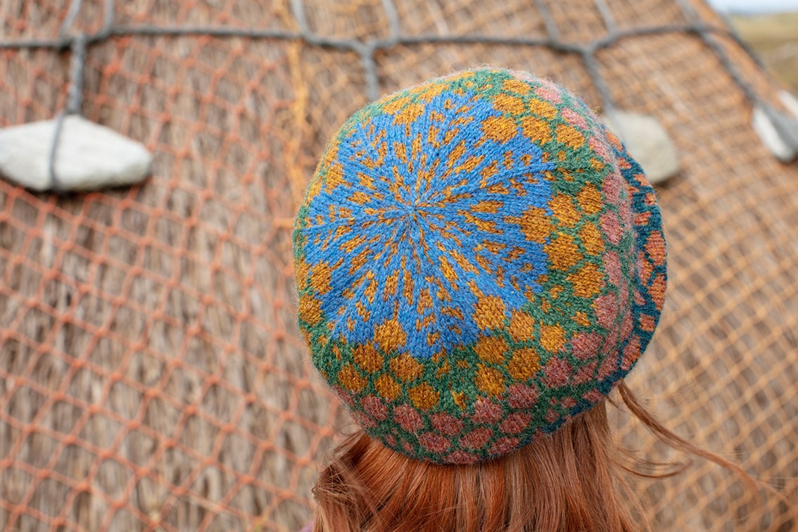 Damselfly Hat Set patterncard knitwear design in Emerald colourway by Alice Starmore in pure wool Hebridean 2 Ply hand knitting yarn