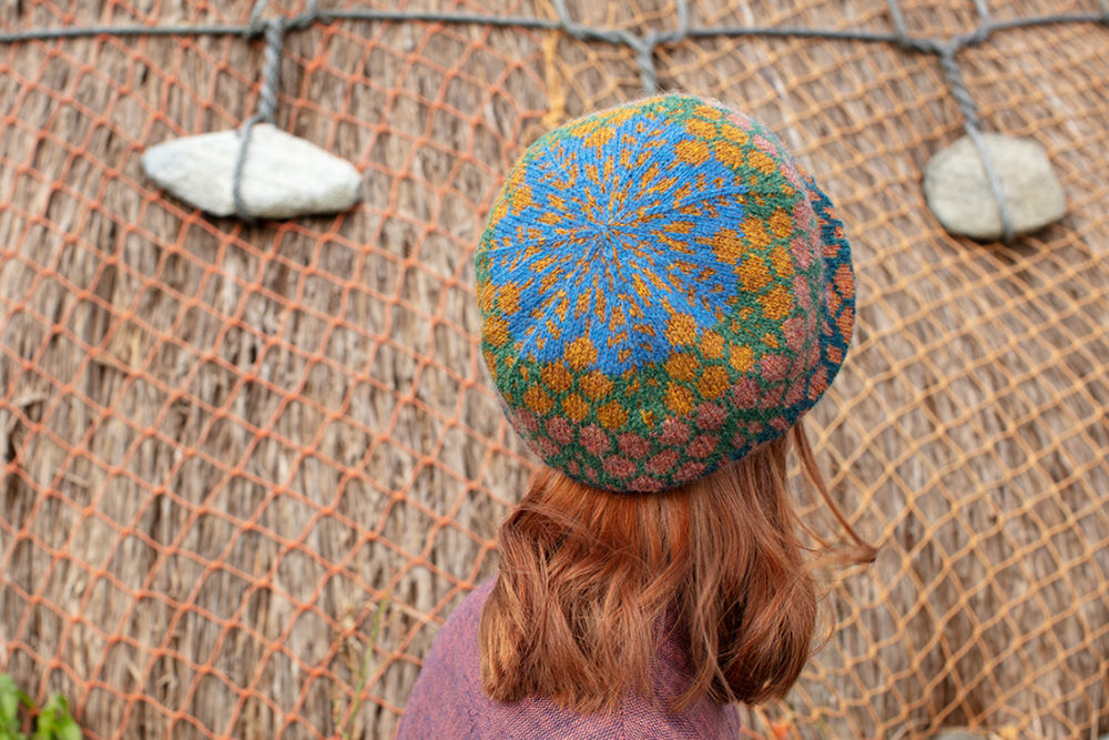 Damselfly Hat Set patterncard knitwear design in Emerald colourway by Alice Starmore in pure wool Hebridean 2 Ply hand knitting yarn