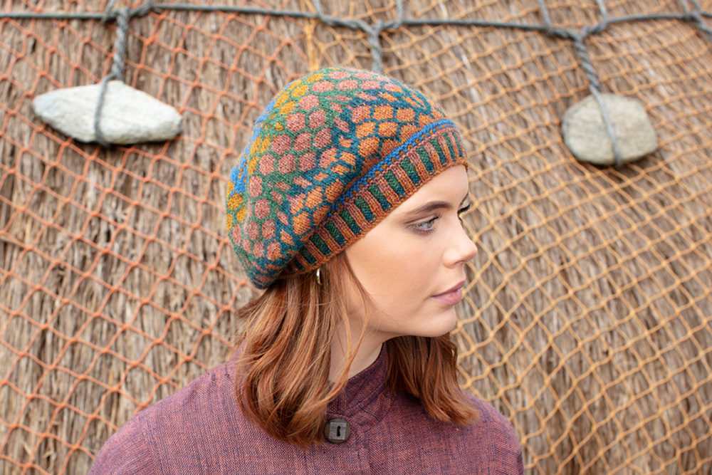 Damselfly Hat Set patterncard knitwear design in Emerald colourway by Alice Starmore in pure wool Hebridean 2 Ply hand knitting yarn