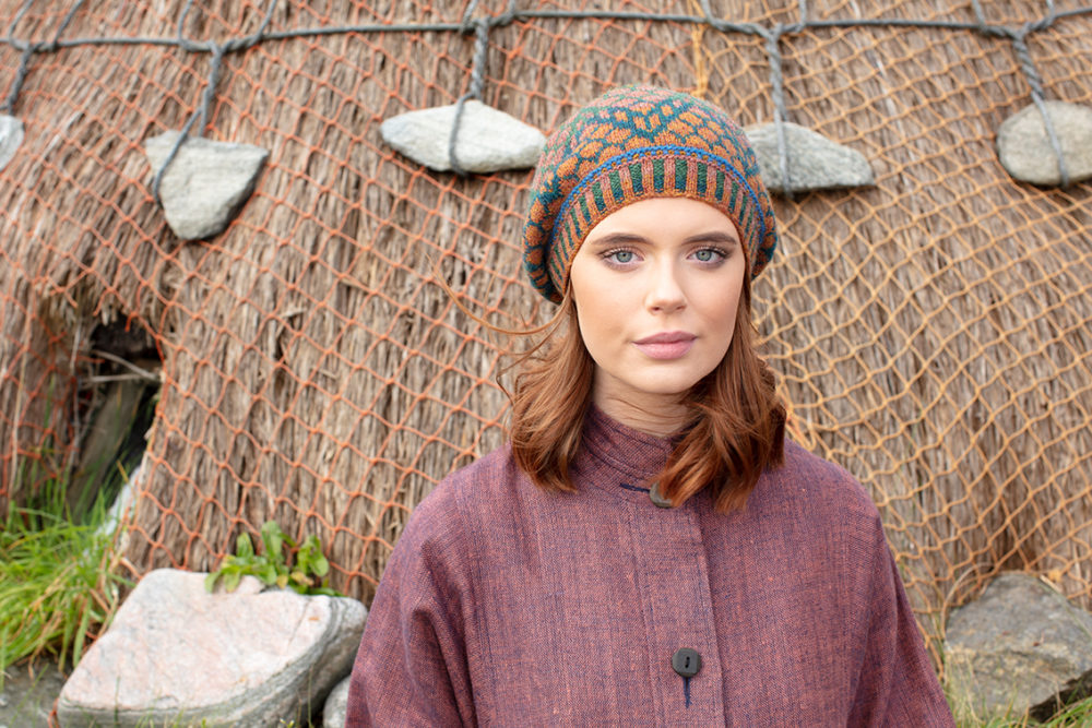 Damselfly Hat Set patterncard knitwear design in Emerald colourway by Alice Starmore in pure wool Hebridean 2 Ply hand knitting yarn