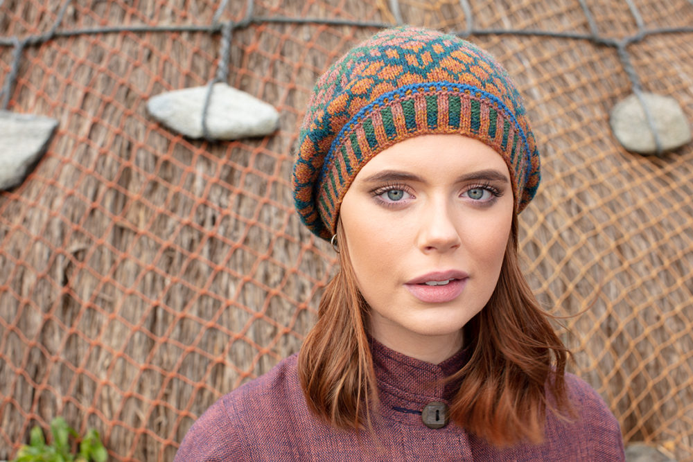 Damselfly Hat Set patterncard knitwear design in Emerald colourway by Alice Starmore in pure wool Hebridean 2 Ply hand knitting yarn
