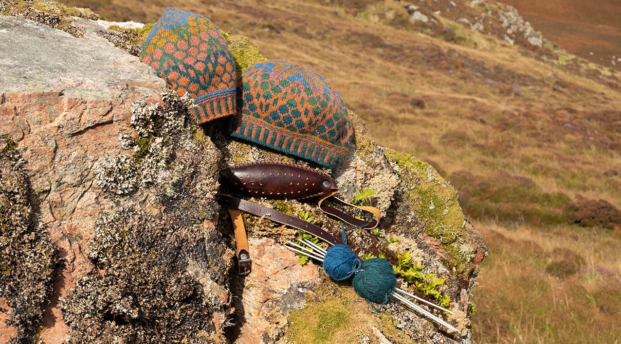 Damselfly Hat Set patterncard knitwear design in Emerald colourway by Alice Starmore in pure wool Hebridean 2 Ply hand knitting yarn