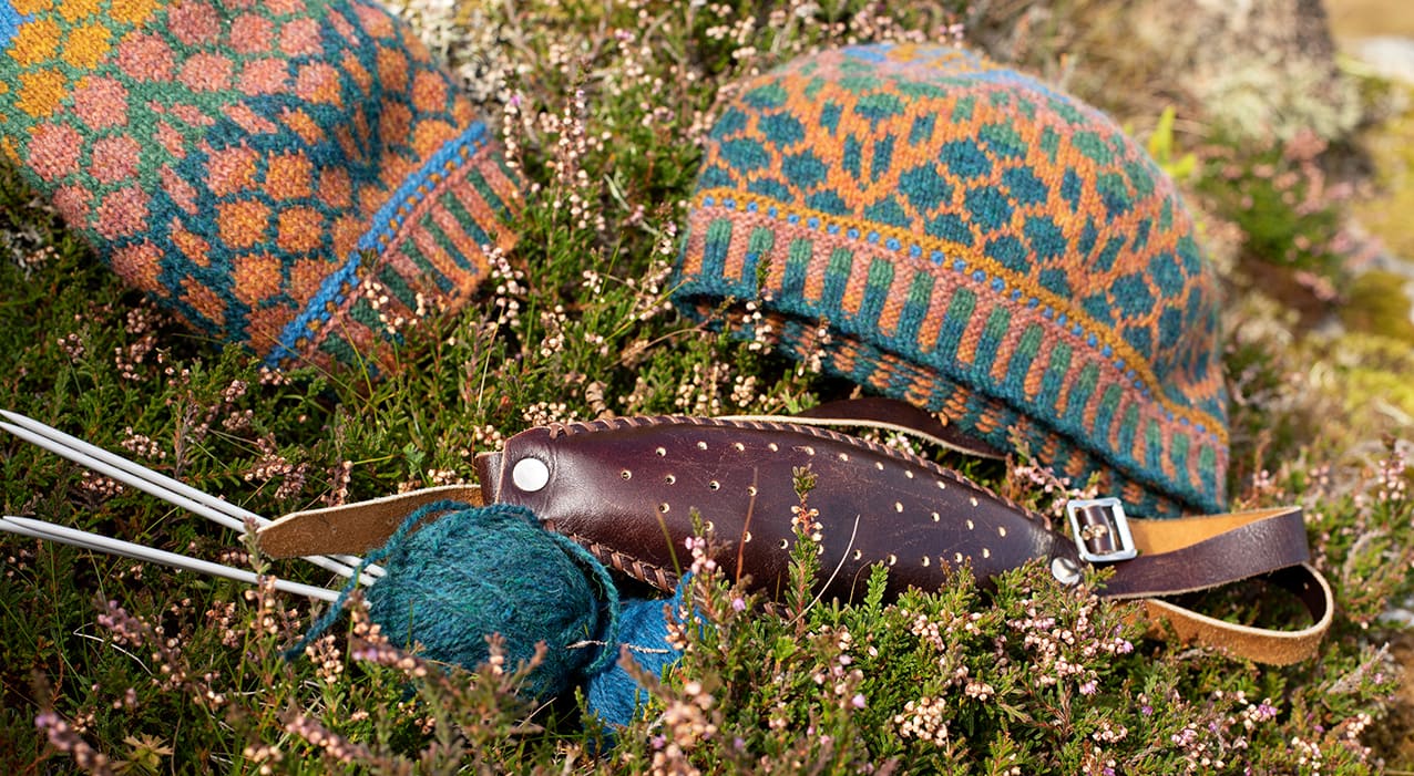Damselfly Hat Set patterncard knitwear design in Emerald colourway by Alice Starmore in pure wool Hebridean 2 Ply hand knitting yarn