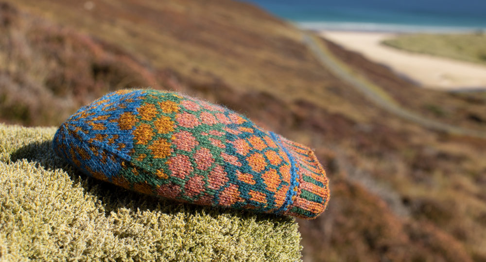 Damselfly Hat Set patterncard knitwear design in Emerald colourway by Alice Starmore in pure wool Hebridean 2 Ply hand knitting yarn