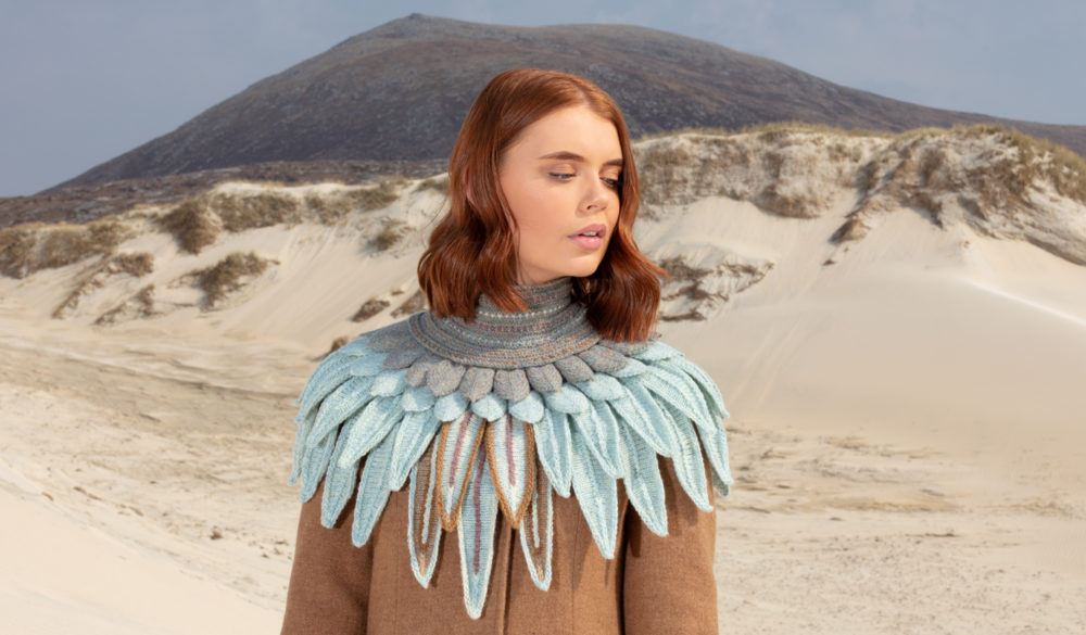 Lapwing Collar patterncard knitwear design by Alice Starmore in pure wool Hebridean 2 Ply hand knitting yarn