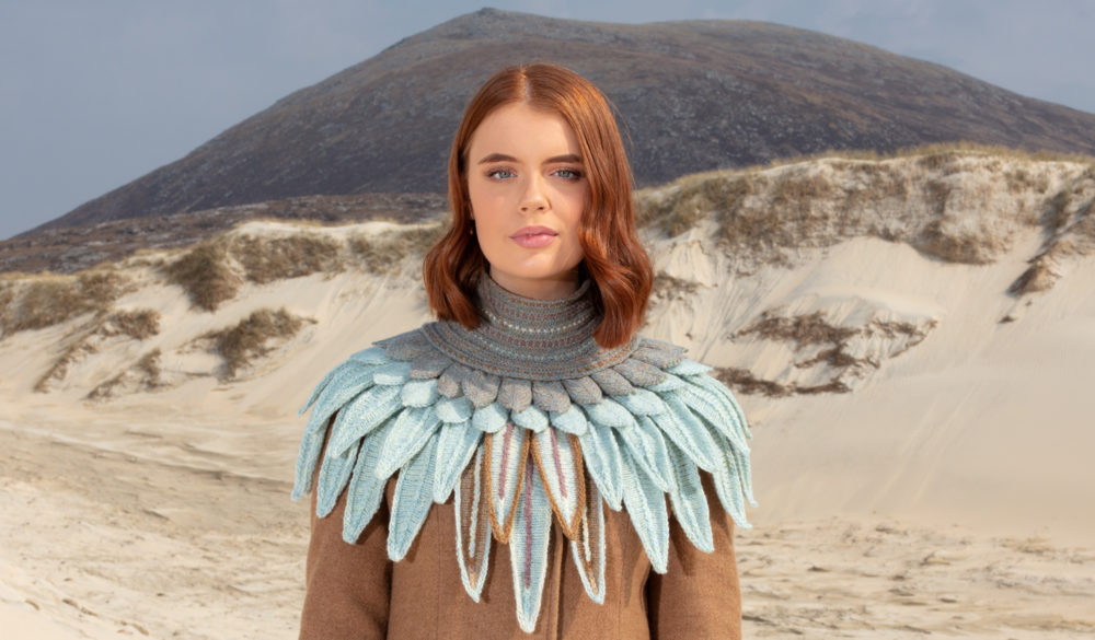 Lapwing Collar patterncard knitwear design by Alice Starmore in pure wool Hebridean 2 Ply hand knitting yarn