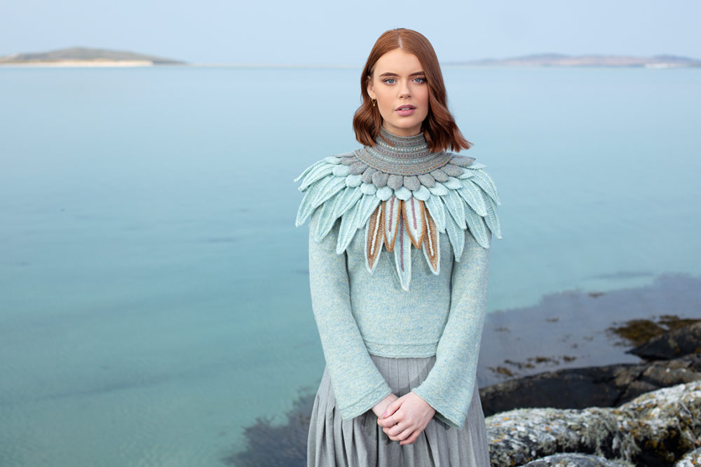 Lapwing Collar patterncard knitwear design by Alice Starmore in pure wool Hebridean 2 Ply hand knitting yarn
