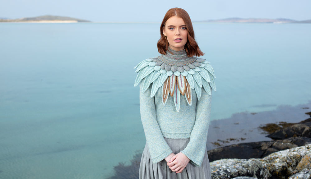Lapwing Collar patterncard knitwear design by Alice Starmore in pure wool Hebridean 2 Ply hand knitting yarn