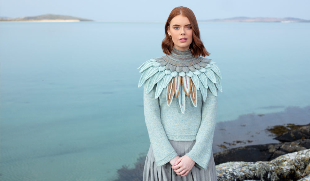 Lapwing Collar patterncard knitwear design by Alice Starmore in pure wool Hebridean 2 Ply hand knitting yarn