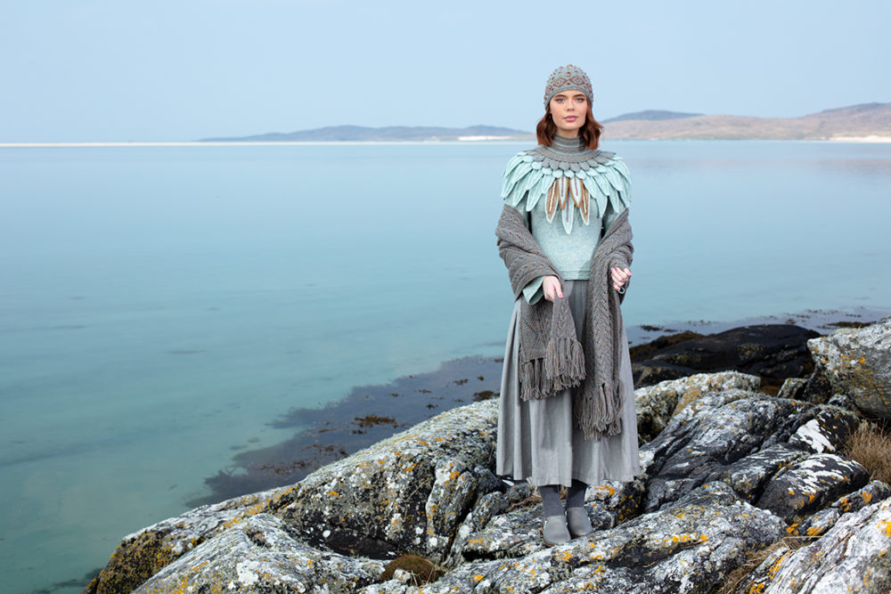Lapwing Collar patterncard knitwear design by Alice Starmore in pure wool Hebridean 2 Ply hand knitting yarn