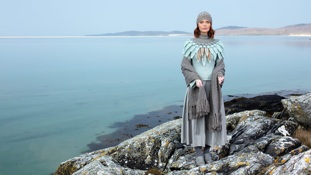 Lapwing Collar patterncard knitwear design by Alice Starmore in pure wool Hebridean 2 Ply hand knitting yarn