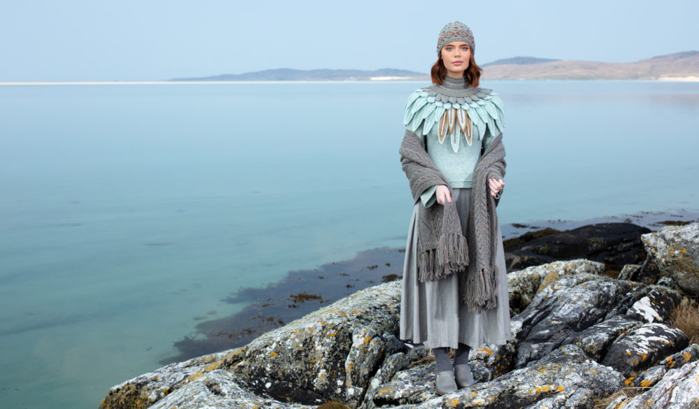 Lapwing Collar patterncard knitwear design by Alice Starmore in pure wool Hebridean 2 Ply hand knitting yarn