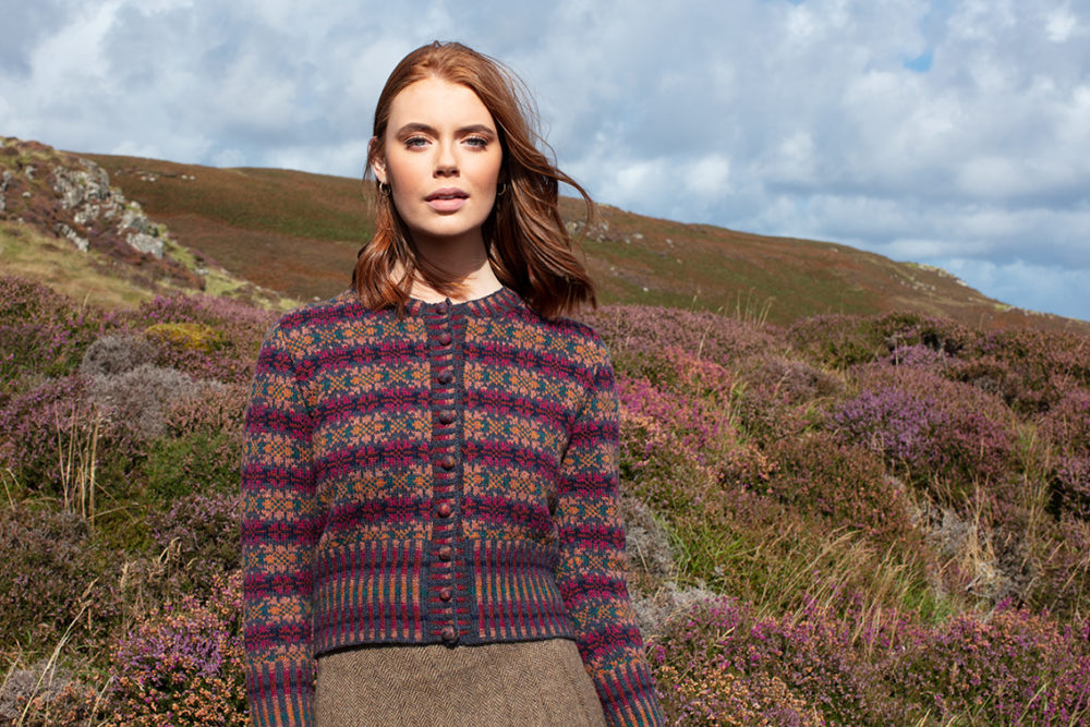 Mòinteach patterncard knitwear design by Alice Starmore in pure wool Hebridean 2 Ply hand knitting yarn