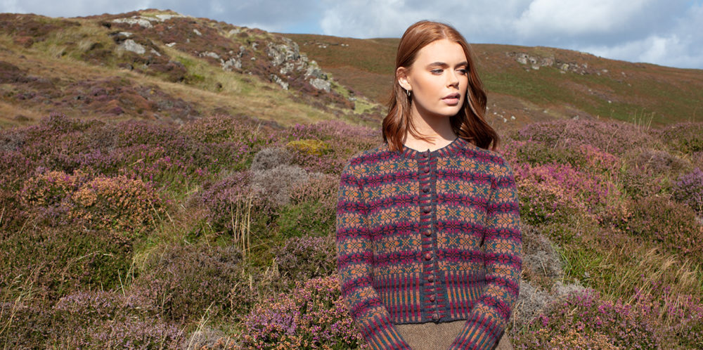 Mòinteach patterncard knitwear design by Alice Starmore in pure wool Hebridean 2 Ply hand knitting yarn