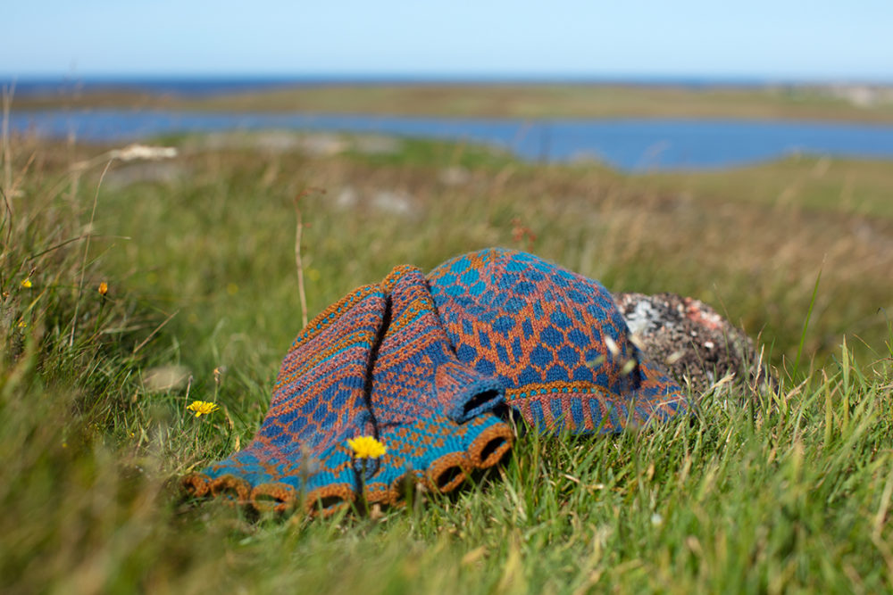Damselfly Hat Set patterncard knitwear design in Northern Blue colourway by Alice Starmore in pure wool Hebridean 2 Ply hand knitting yarn