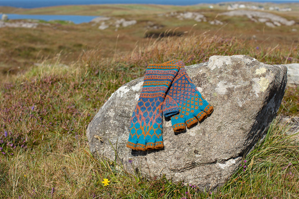 Damselfly Hat Set patterncard knitwear design in Northern Blue colourway by Alice Starmore in pure wool Hebridean 2 Ply hand knitting yarn
