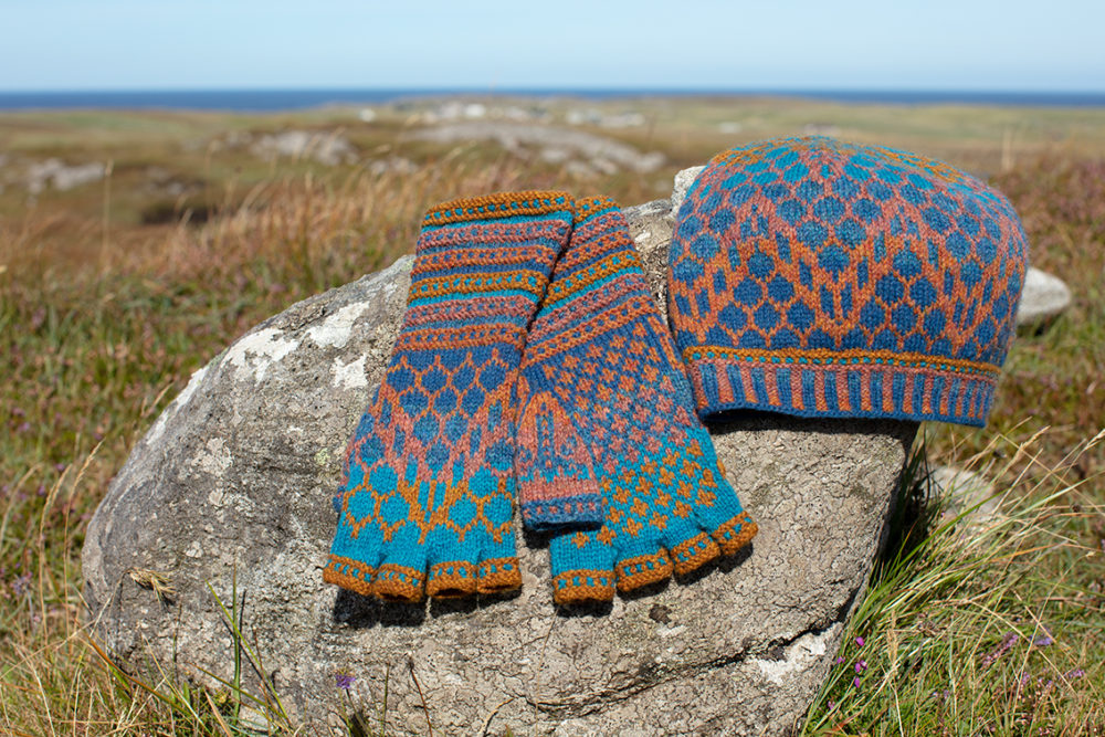 Damselfly Hat Set patterncard knitwear design in Northern Blue colourway by Alice Starmore in pure wool Hebridean 2 Ply hand knitting yarn