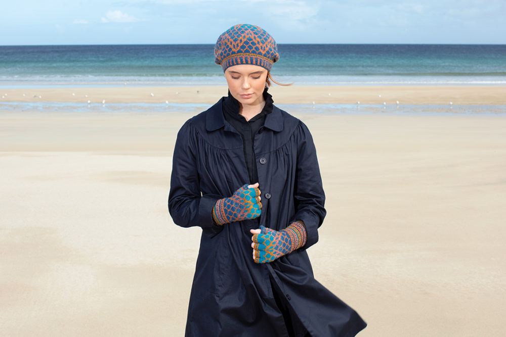 Damselfly Hat Set patterncard knitwear design in Northern Blue colourway by Alice Starmore in pure wool Hebridean 2 Ply hand knitting yarn