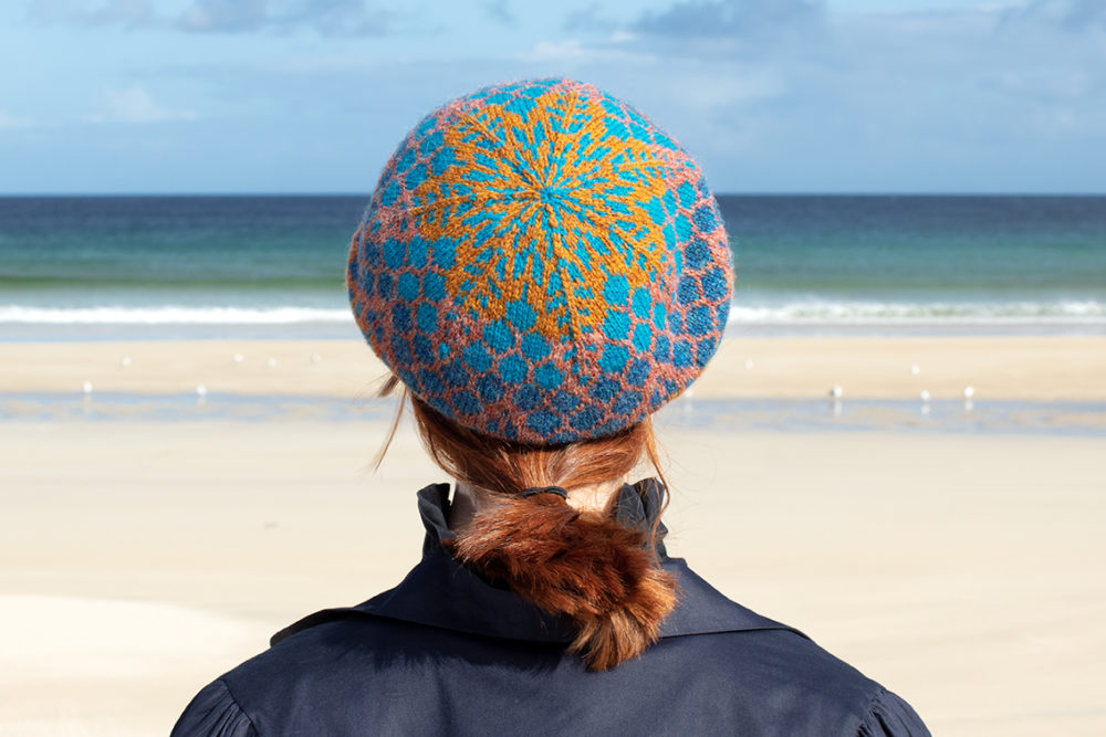 Damselfly Hat Set patterncard knitwear design in Northern Blue colourway by Alice Starmore in pure wool Hebridean 2 Ply hand knitting yarn