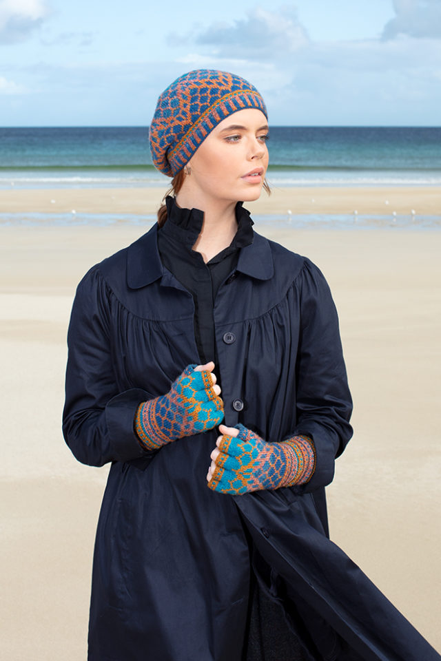 Damselfly Hat Set patterncard knitwear design in Northern Blue colourway by Alice Starmore in pure wool Hebridean 2 Ply hand knitting yarn