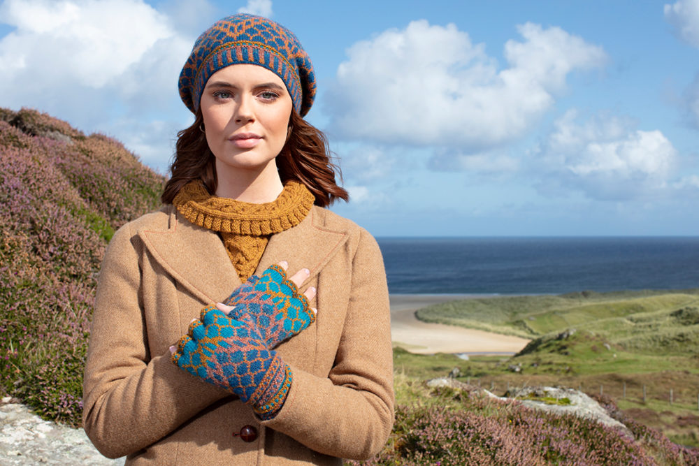 Damselfly Hat Set patterncard knitwear design in Northern Blue colourway by Alice Starmore in pure wool Hebridean 2 Ply hand knitting yarn