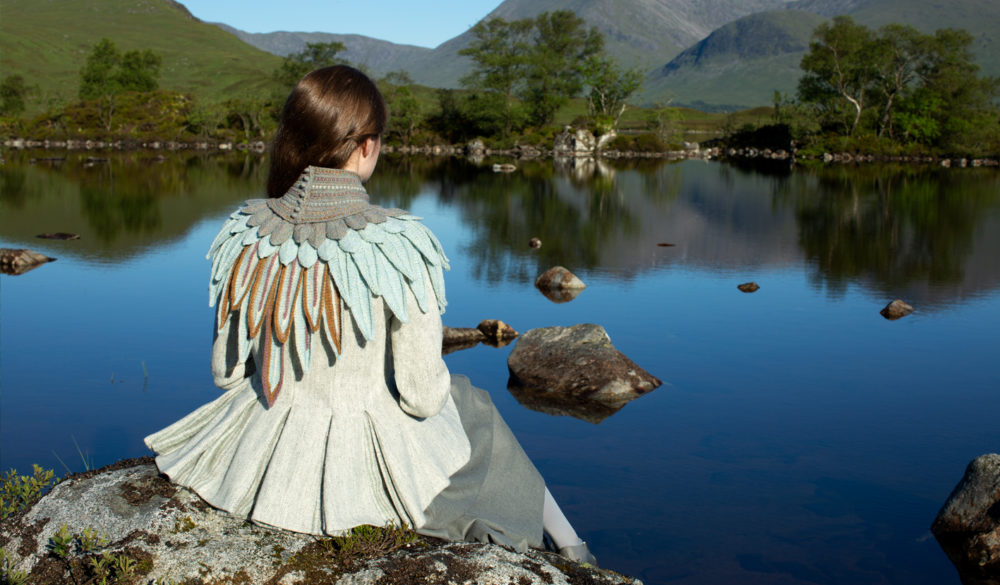 Lapwing Collar patterncard knitwear design by Alice Starmore in pure wool Hebridean 2 Ply hand knitting yarn