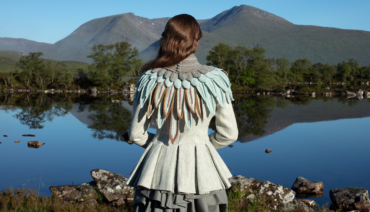 Lapwing Collar patterncard knitwear design by Alice Starmore in pure wool Hebridean 2 Ply hand knitting yarn