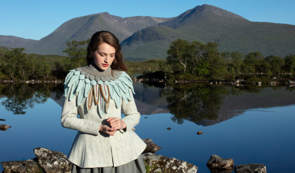 Lapwing Collar patterncard knitwear design by Alice Starmore in pure wool Hebridean 2 Ply hand knitting yarn