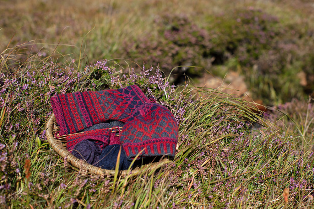 Damselfly Hat Set patterncard knitwear design in Red colourway by Alice Starmore in pure wool Hebridean 2 Ply hand knitting yarn