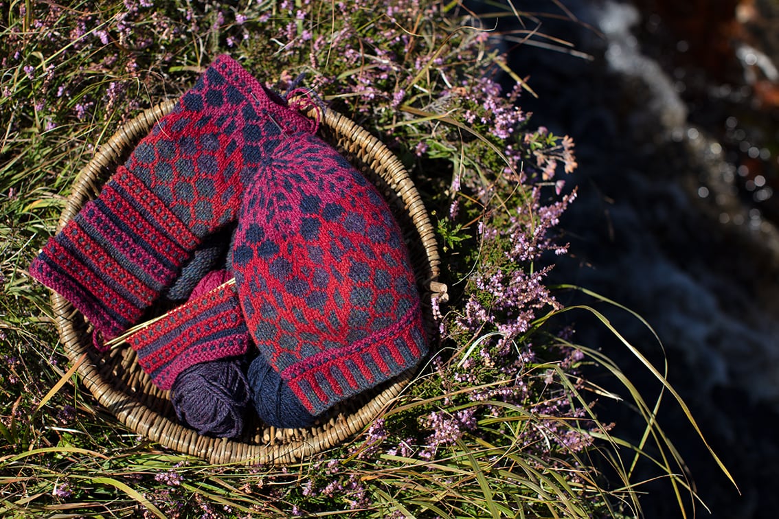 Damselfly Hat Set patterncard knitwear design in Red colourway by Alice Starmore in pure wool Hebridean 2 Ply hand knitting yarn