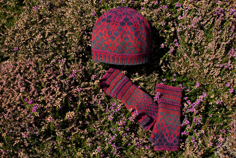 Damselfly Hat Set patterncard knitwear design in Red colourway by Alice Starmore in pure wool Hebridean 2 Ply hand knitting yarn