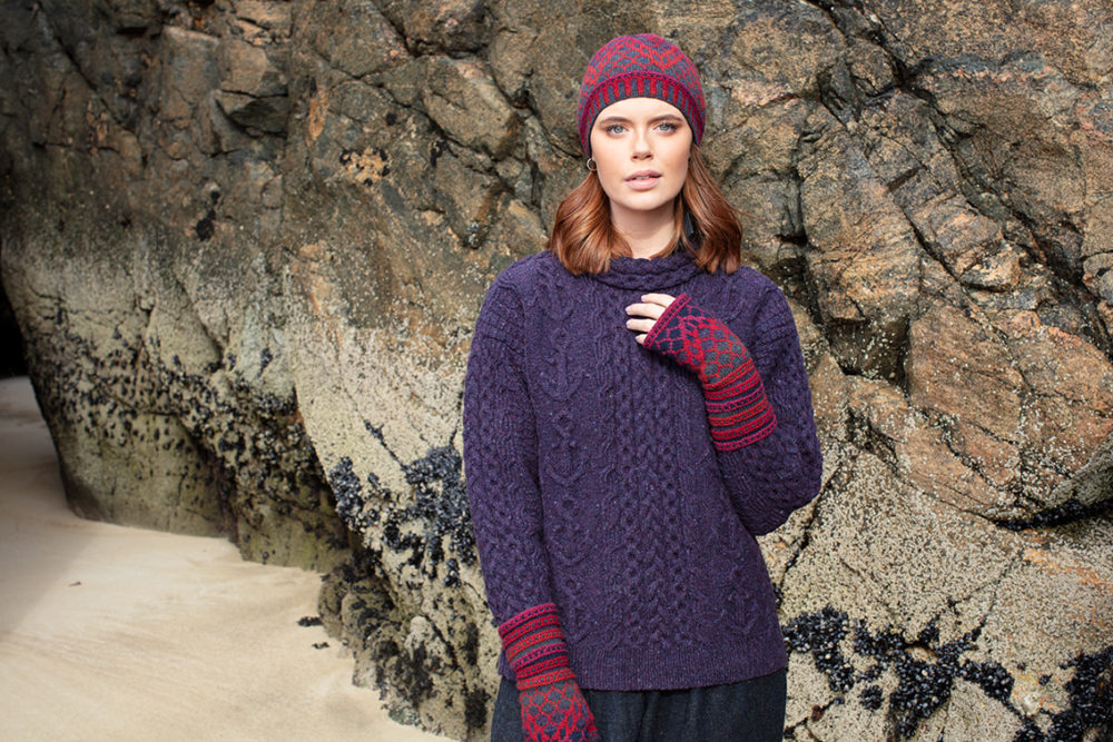 Damselfly Hat Set patterncard knitwear design in Red colourway by Alice Starmore in pure wool Hebridean 2 Ply hand knitting yarn