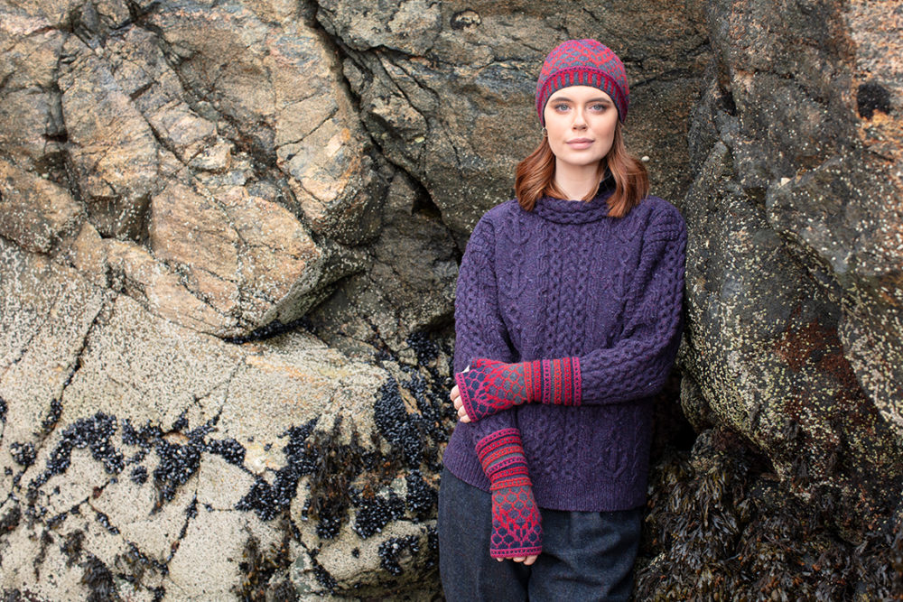 Damselfly Hat Set patterncard knitwear design in Red colourway by Alice Starmore in pure wool Hebridean 2 Ply hand knitting yarn