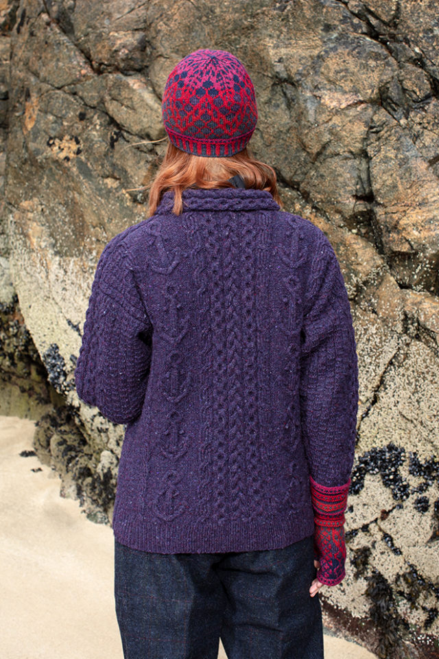 Damselfly Hat Set patterncard knitwear design in Red colourway by Alice Starmore in pure wool Hebridean 2 Ply hand knitting yarn