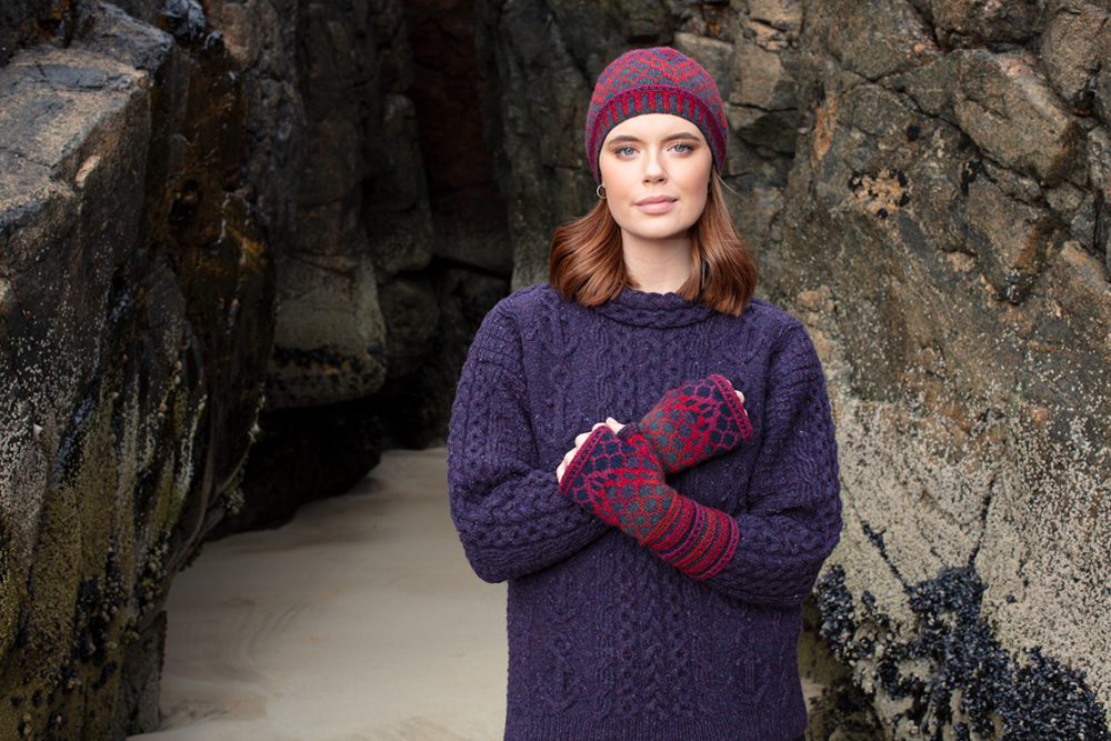 Damselfly Hat Set patterncard knitwear design in Red colourway by Alice Starmore in pure wool Hebridean 2 Ply hand knitting yarn