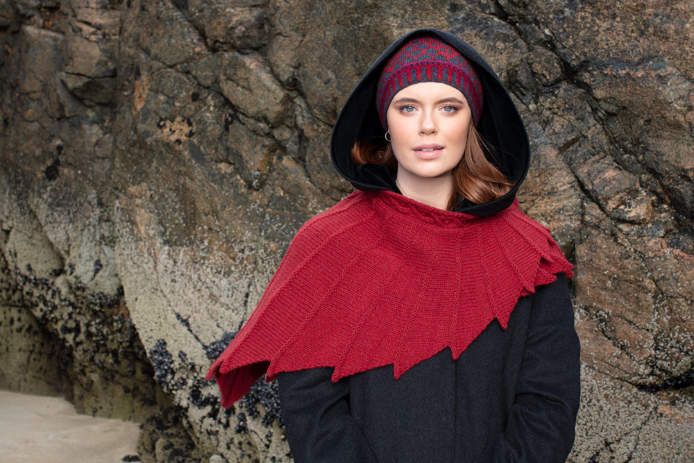 Damselfly Hat Set patterncard knitwear design in Red colourway and Eagle Wrap by Alice Starmore in pure wool Hebridean 2 and 3 Ply hand knitting yarn