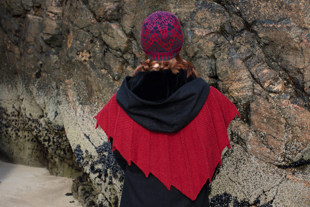 Damselfly Hat Set patterncard knitwear design in Red colourway and Eagle Wrap by Alice Starmore in pure wool Hebridean 2 and 3 Ply hand knitting yarn